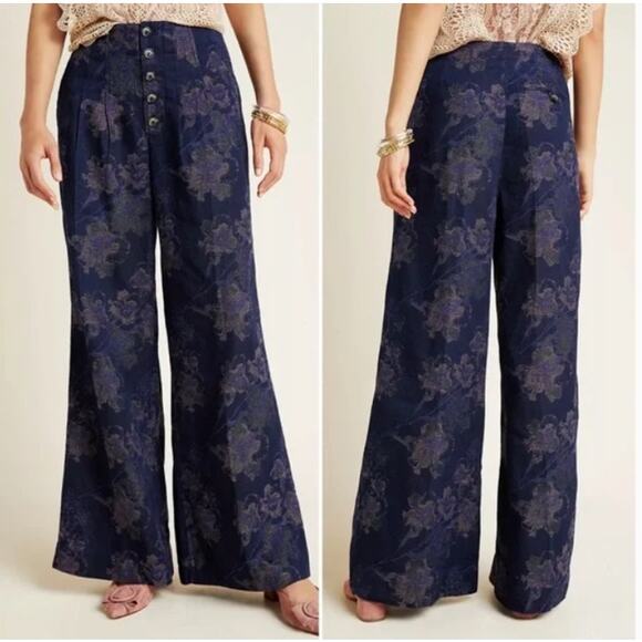 Anthropologie Pilcro Floral Tapestry Metallic Wide Leg Trouser Jeans Womens 30